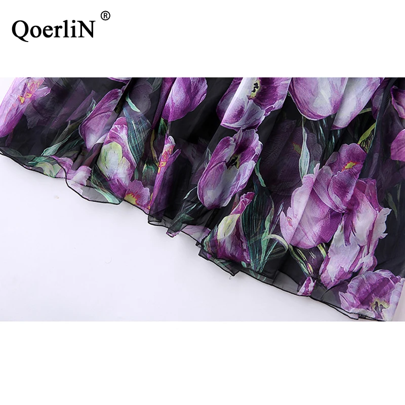 QoerliN High End Винтаж Фиолетовый Элегантный оборками для женщин с принтом длинное