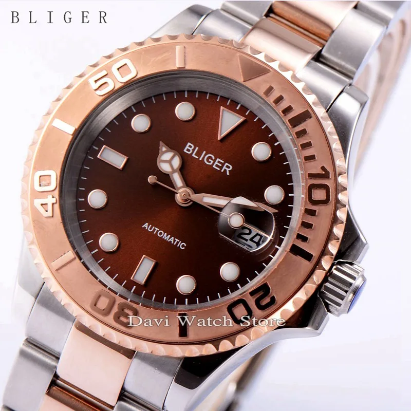 40 мм Bliger дата и день керамический ободок светящийся сапфир автоматические