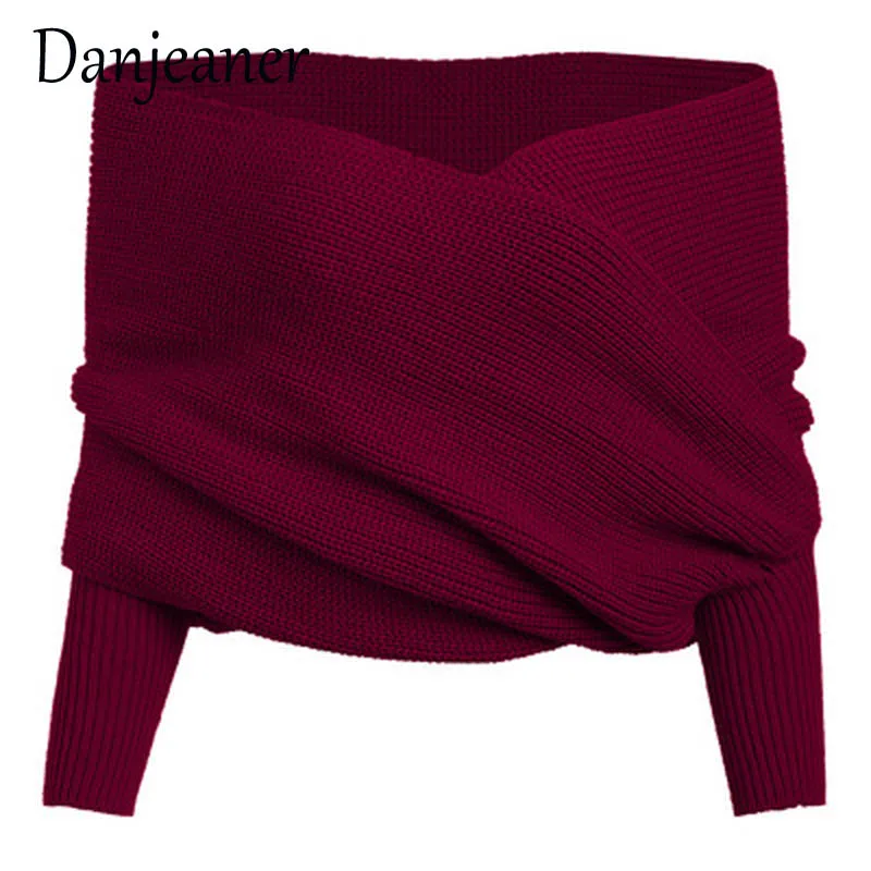 Danjeaner Long Sleeve Sweaters Women 2018 Autumn Sexy Off Shoulder Wrap Knitted Tops V Neck Slim Pullovers Jumper Shawl | Женская одежда