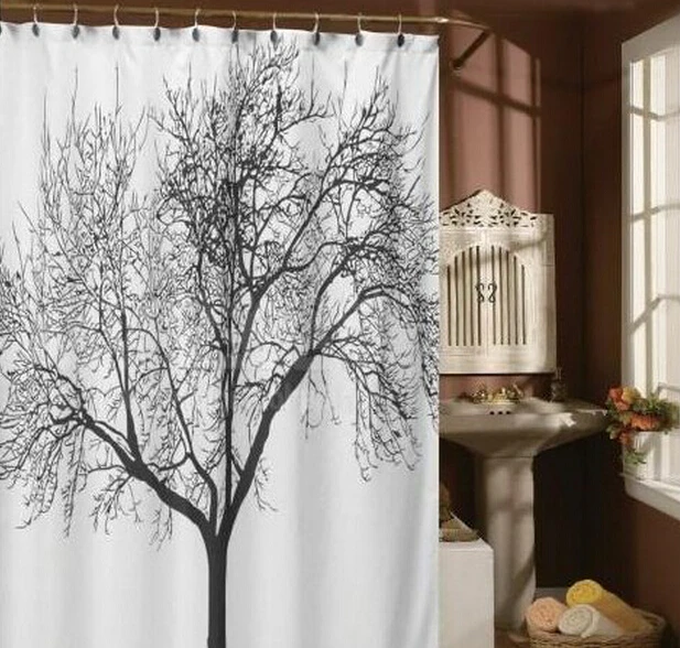 

Black Tree Design 180*180 Elegant Fabric Bathroom Shower Curtain with 12 Hooks