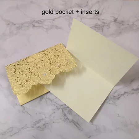 pocket and inserts 10 шт./партия элегантная Золотая лазерная резка приглашения на свадьбу карты Цветочные персонализированные или пустые Крестильные Свадебные душ карты свадьбы - Цвет: pocket and inserts