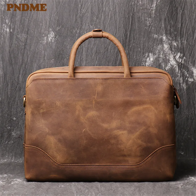PNDME retro high quality genuine leather men's women's briefcase simple business cowhide messenger bags office large laptop bag
