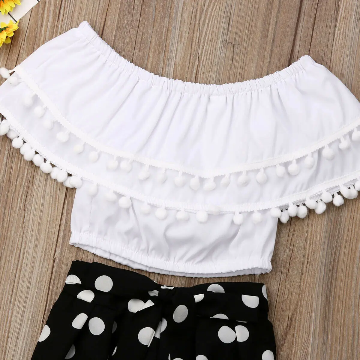 Kids Girl Chiffon Ruffle Top Off-shoulder T shirt Polka Dot Trousers Pants Outfit Set | Мать и ребенок