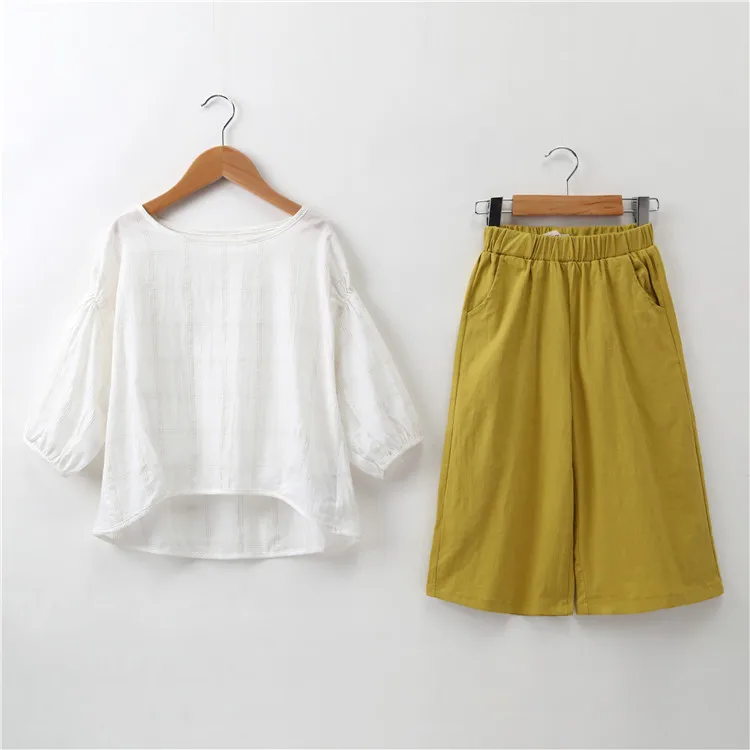Cotton Wide leg pants sets 2 pieces girl summer clothes 2019 linen casual suits for teenage 10 12 14 year | Детская одежда и обувь