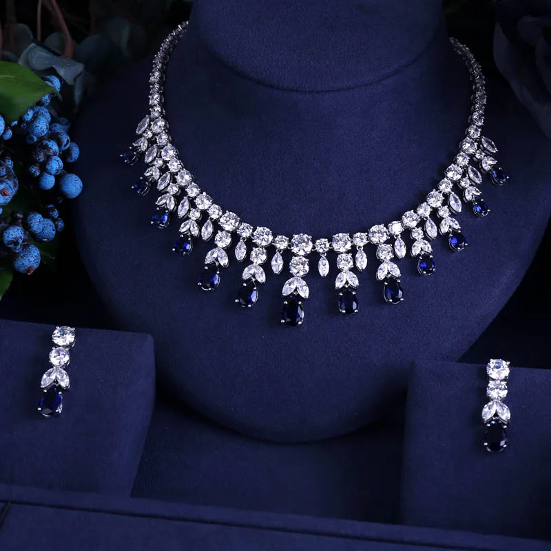 NewestLuxury Искрящийся Блестящий кубический циркон серьги капли ожерелье тяжелый
