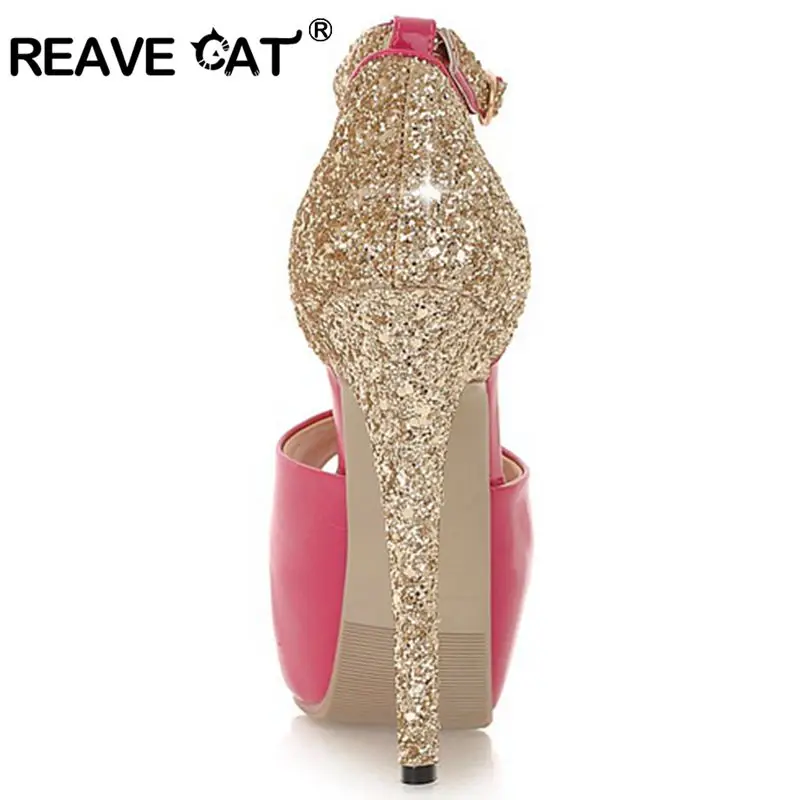 REAVE CAT/женские свадебные туфли-лодочки на высоком каблуке туфли с открытым носком на шпильке 13 см, на платформе, с пряжкой, размер 34-43, серебристый цвет, zapatos de mu
