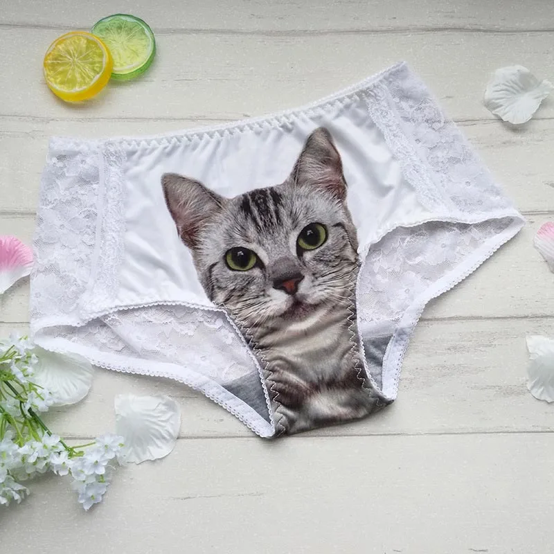 Трусики с котом, кружевное нижнее белье, бесшовные трусы, дышащие розовые трусики с Киской, сексуальные хлопковые нижнее белье, женские трусы - Цвет: white