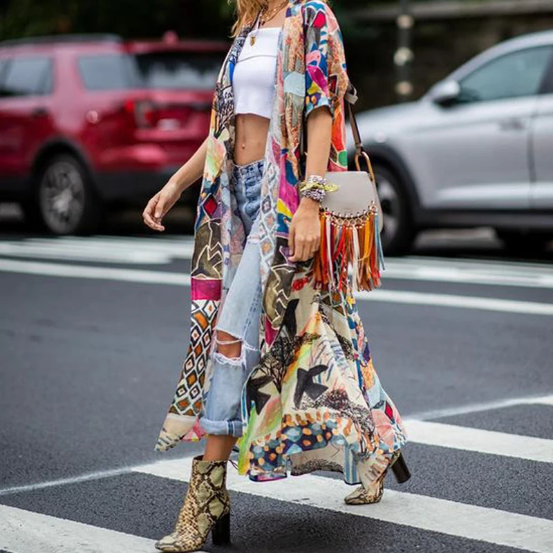 Женское пляжное платье-кимоно длинное Хлопковое платье-туника с полурукавами и