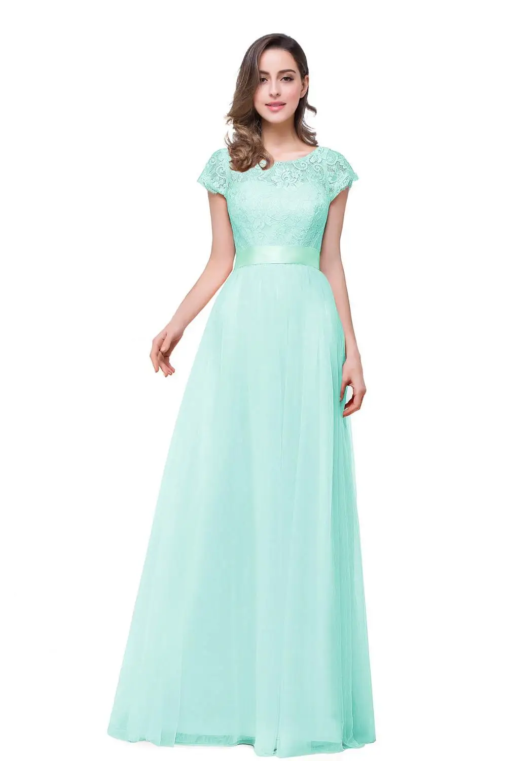 Graceful Lace Bow Chiffon Long Evening Dress In Stock Sexy Backless A-Line Evening Gowns Vestido de Festa - Цвет: Mint Green