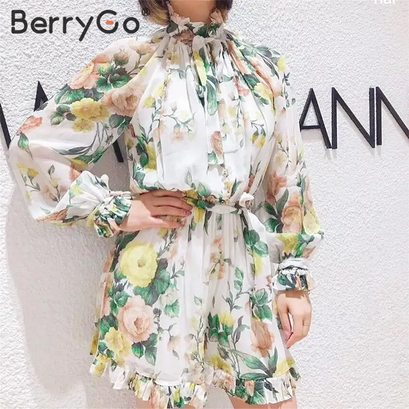 BerryGo Boho Цветочный Принт Женский Игровой костюм Кружевной рюшами Летний Пляжный