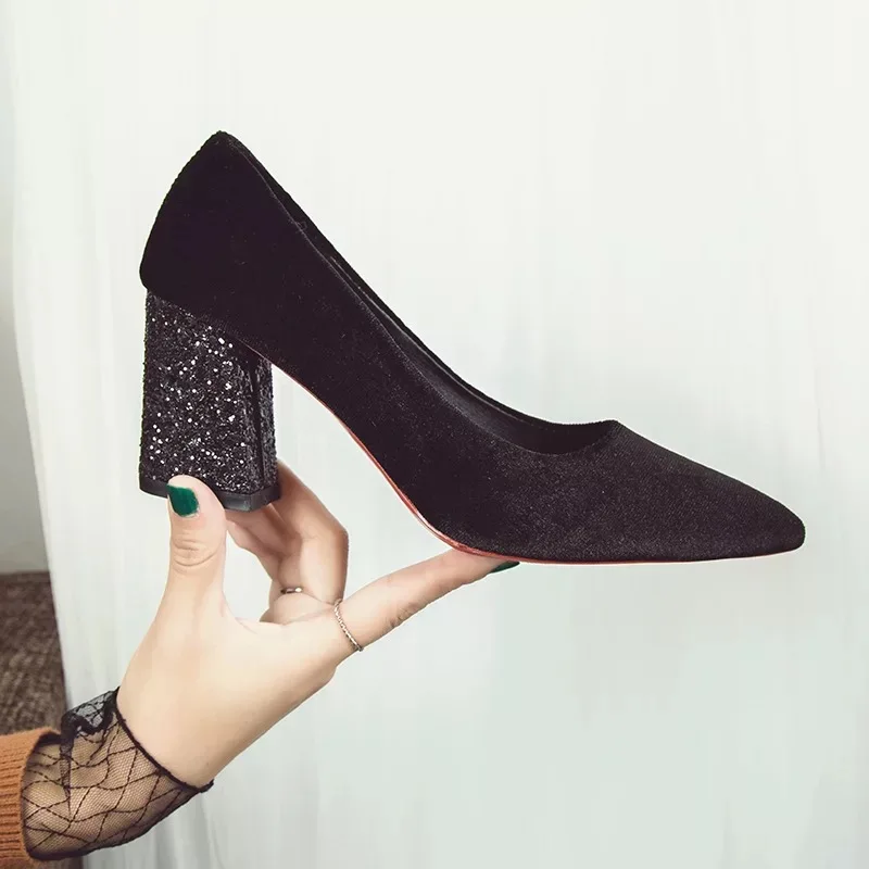 Black 7CM BIGTREE/Женская обувь; коллекция года; летние туфли-лодочки на высоком каблуке; блестящие туфли на квадратном каблуке с блестками; пикантные модные свадебные женские туфли; scarpe donna tacco - Цвет: Black 7CM