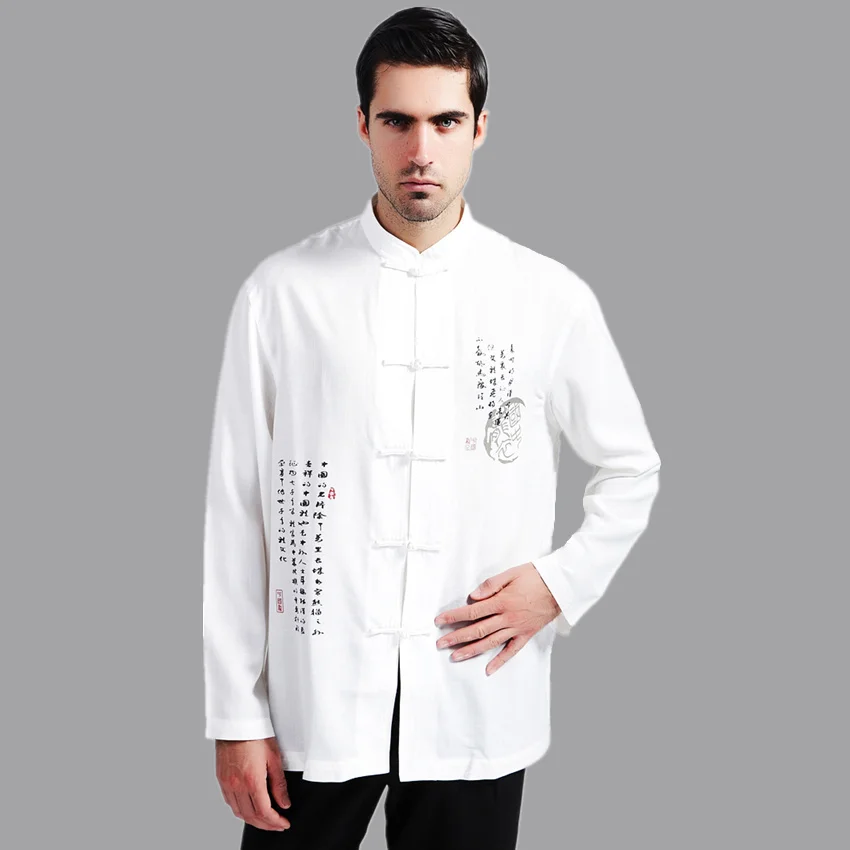 

White Men Cotton Linen Long sleeve Kung Fu Shirt Classic Chinese Style Tang Clothing Size S M L XL XXL XXXL hombre Camisa Mim02C