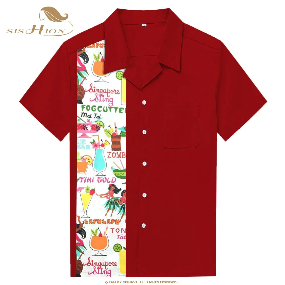 Wine red SISHION Летняя мужская одежда 50s ST110 рокабилли Стиль Повседневная хлопковая блуза Мужская s Fifties футболки для боулинга короткий рукав - Цвет: Wine red