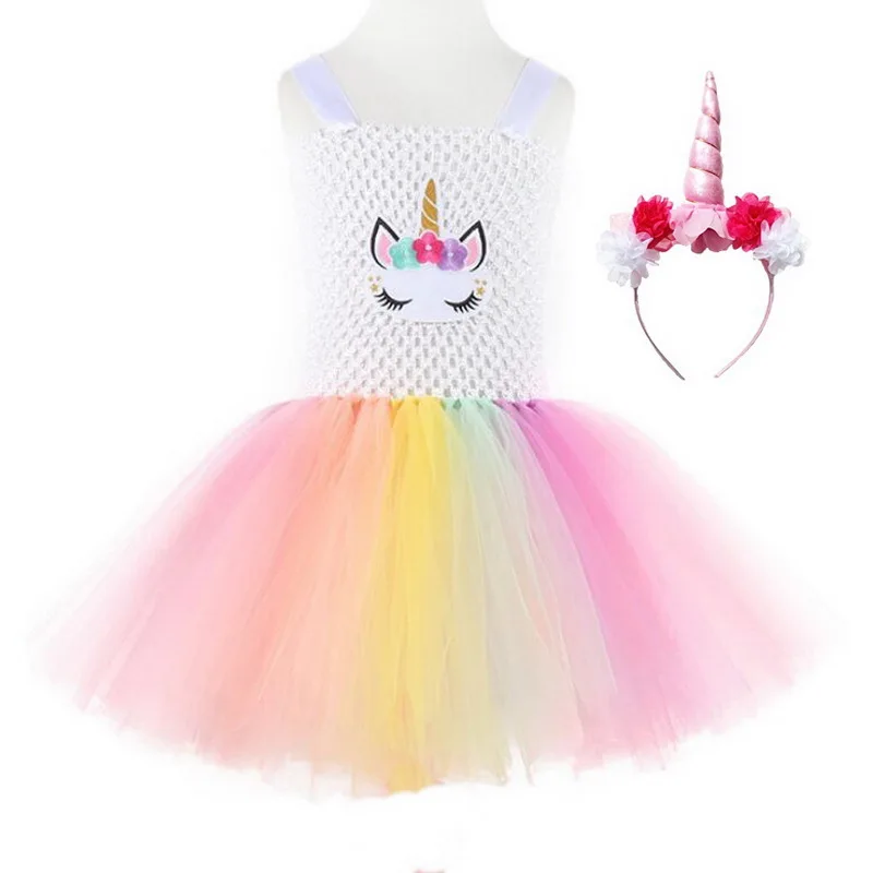

Girls Rainbow Unicorn Tutu Dress With Headband Princess Flower Girl Party Tulle Dresses Kids Halloween Cosplay Costume Vestidos