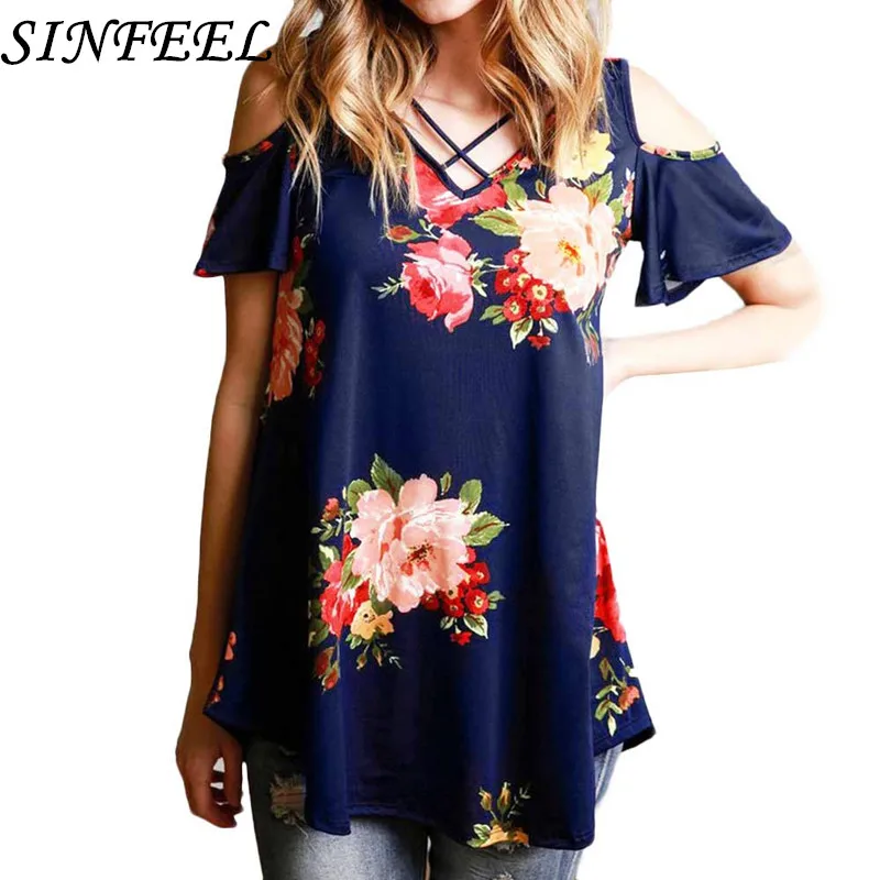 

SINFEEL 5XL 2018 Summer Women T-shirt Floral Print Casual T Shirt Tops Tee Funny Woman Top V-Neck Loose T Shirts Plus Size