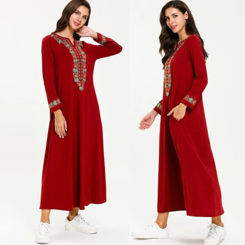 Красное мусульманское платье Абая для женщин вышивка турецкий Бангладеш ислам