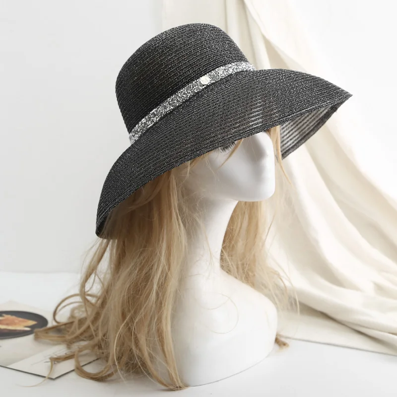 Summer Elegant Wide Brim Beach Hat Hepburn Style Rhinestone Belt Sun Hats Female Foldable UV Protection Sun Visor Caps