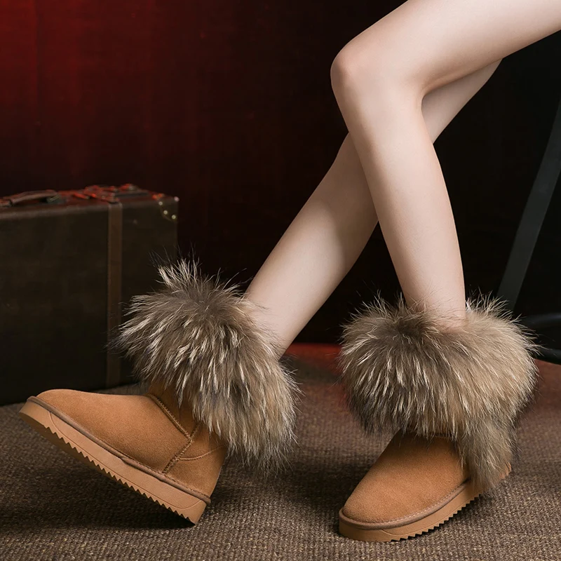 maroon suede G& ZaCo/роскошные женские зимние ботинки с натуральным лисьим мехом; водонепроницаемые ботильоны из натуральной кожи на плоской подошве; зимние ботинки на натуральном меху - Цвет: maroon suede
