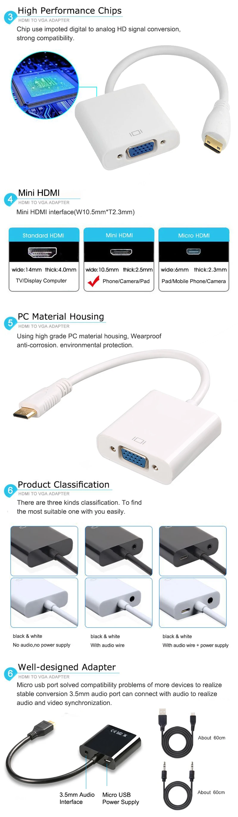 EGRINCY Mini HDMI к VGA адаптер разъём HDMI папа Женский VGA Аудио разъем и Micro USB кабель HDMI конвертер для xbox PS4 MP4 камера tv