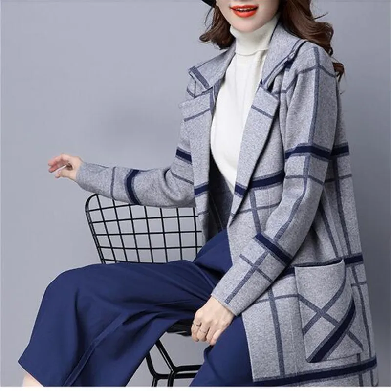 Новинка модное женское трикотажное пальто большого размера средней длины с