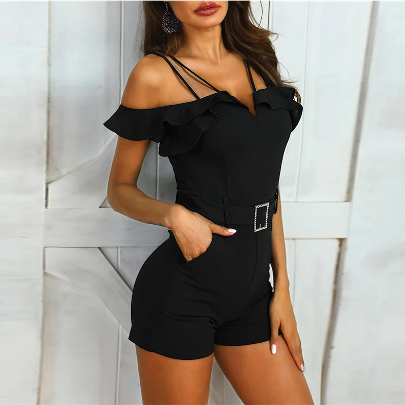 Женский комбинезон с оборками и открытыми плечами повседневный поясом