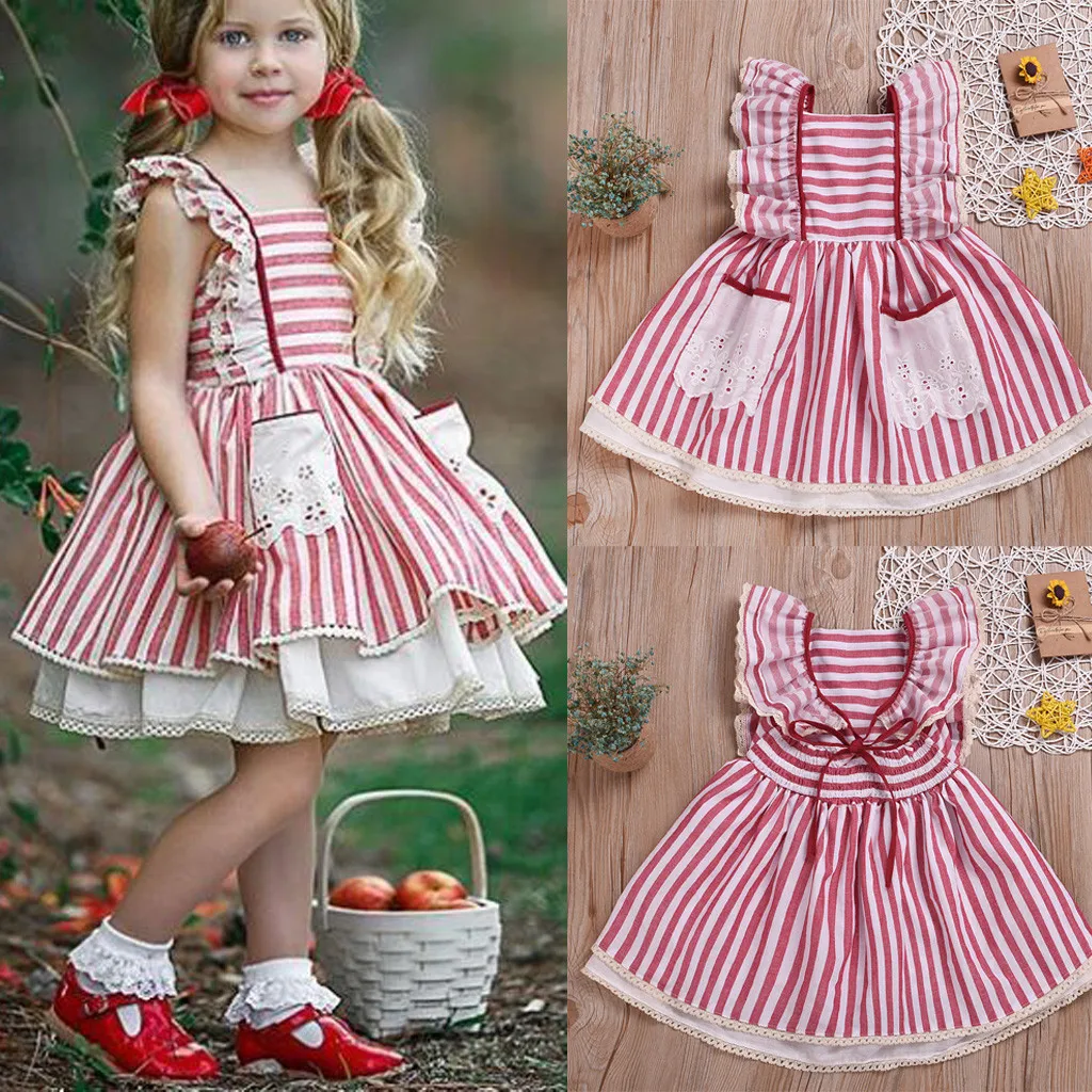 Toddler Kids Baby Girls Striped Lace Ruffled Princess Cake Pompous Party Dress Sleeveless Flower Ball Gown Kid Red | Детская одежда и