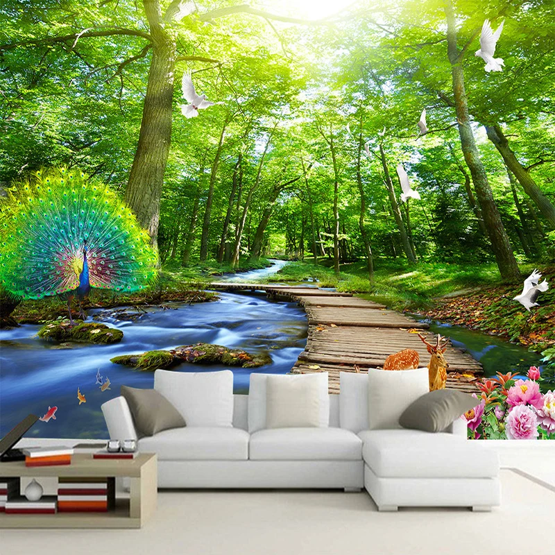 

Custom Mural Wallpaper 3D Forest Peacock Wood Bridge Nature Scenery Photo Wall Murals Living Room TV Sofa Backdrop Wall Painting