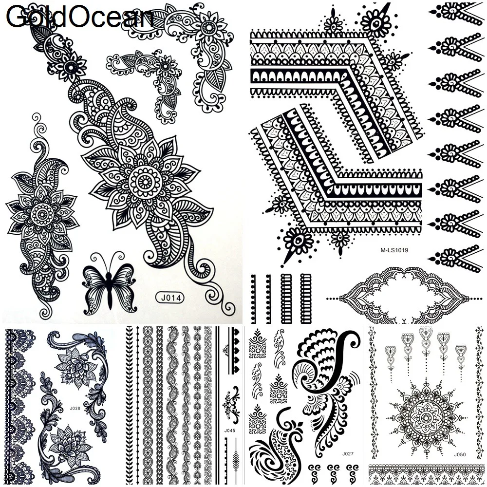 

Black Henna Flower Temporary Tattoo Stickers Women Sexy Lace Fake Tatoos Arm Hand Bracelet Waterproof Tattoo Summer Beach Chains