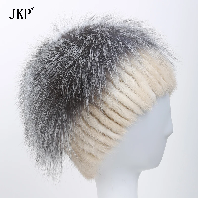 

Russian fur hat real mink natural fur cap autumn and winter silver fox fur hat with pom salt flakes stylish factory sale
