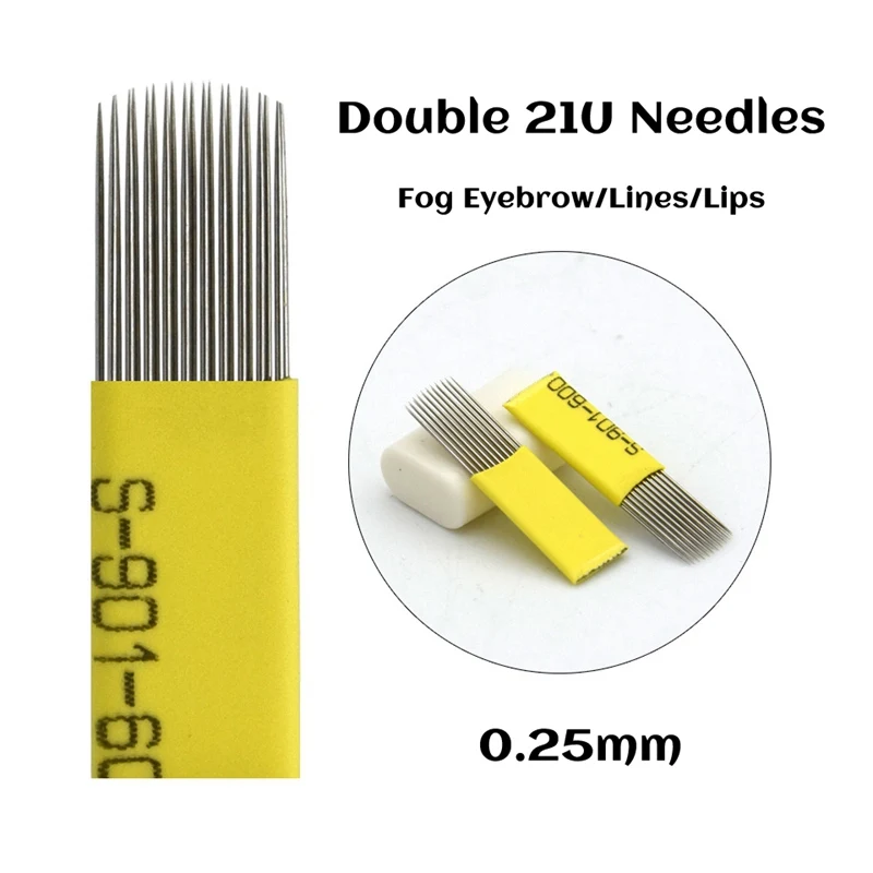 Double 21U Needles Двойные ряды мануального татуажа бровей Иглы 0,25 мм с плоским носком растушевки 9/15/17/19/21U ИГЛЫ Перманентный макияж бровей Иглы татуировки с вышивкой иглы для татуажа плоские иглы микроблейдинг - Габаритные размеры: Double 21U Needles