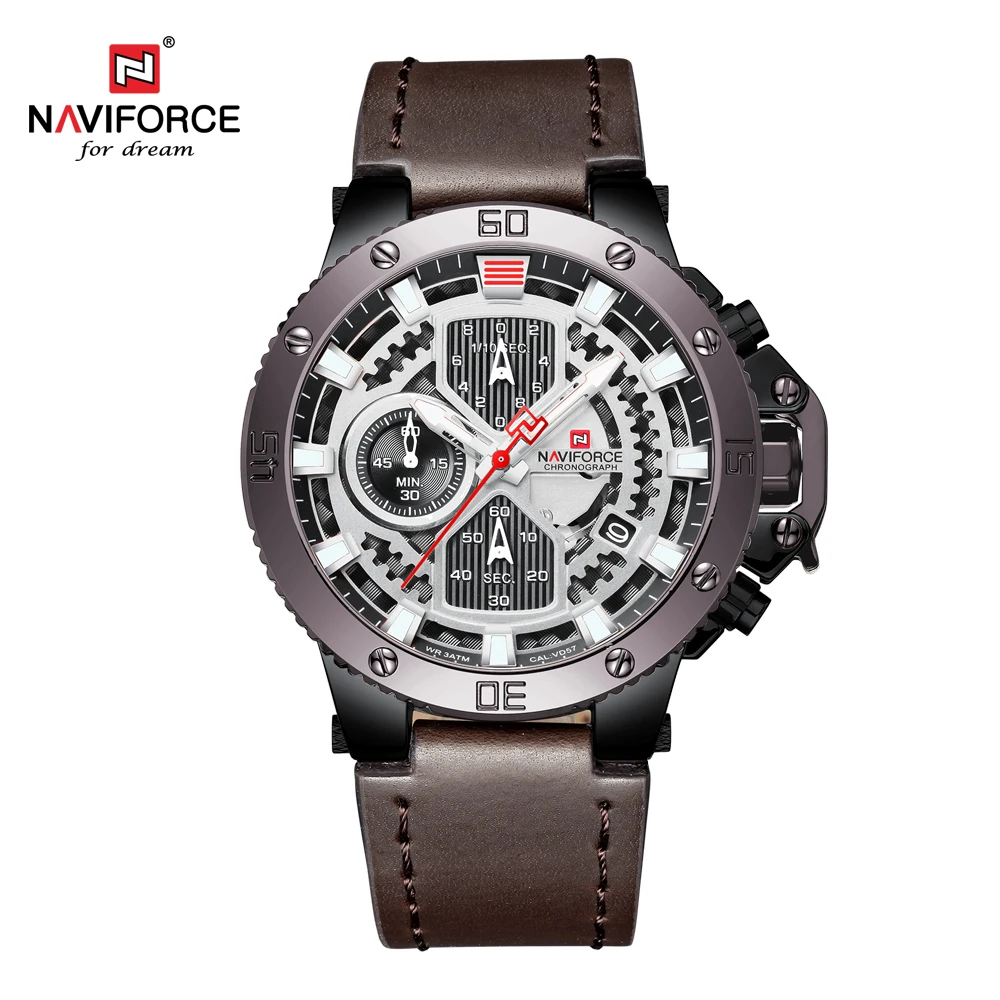 Часы наручные NAVIFORCE Мужские кварцевые с хронографом и кожаным ремешком роскошные