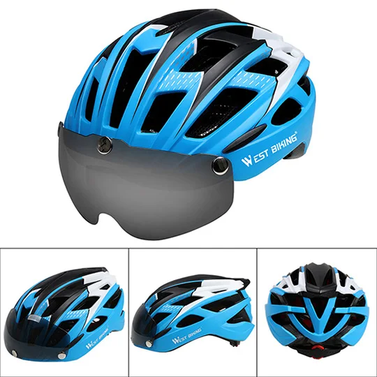 Blue White West Biking велосипедный шлем солнцезащитные очки велосипедные очки линзы цельно формованные Мужские Женские 57~ 62 см горный шоссейный велосипедный шлем - Цвет: Blue White