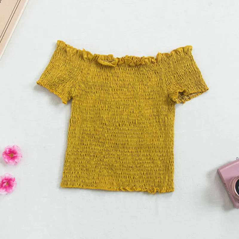Women Blouse Shirt Женская летняя и осенняя Базовая рубашка с расклешенными рукавами и вырезом лодочкой, повседневный короткий эластичный тонкий пуловер с высокой талией, блузка с оборками, топы - Цвет: Women Blouse Shirt