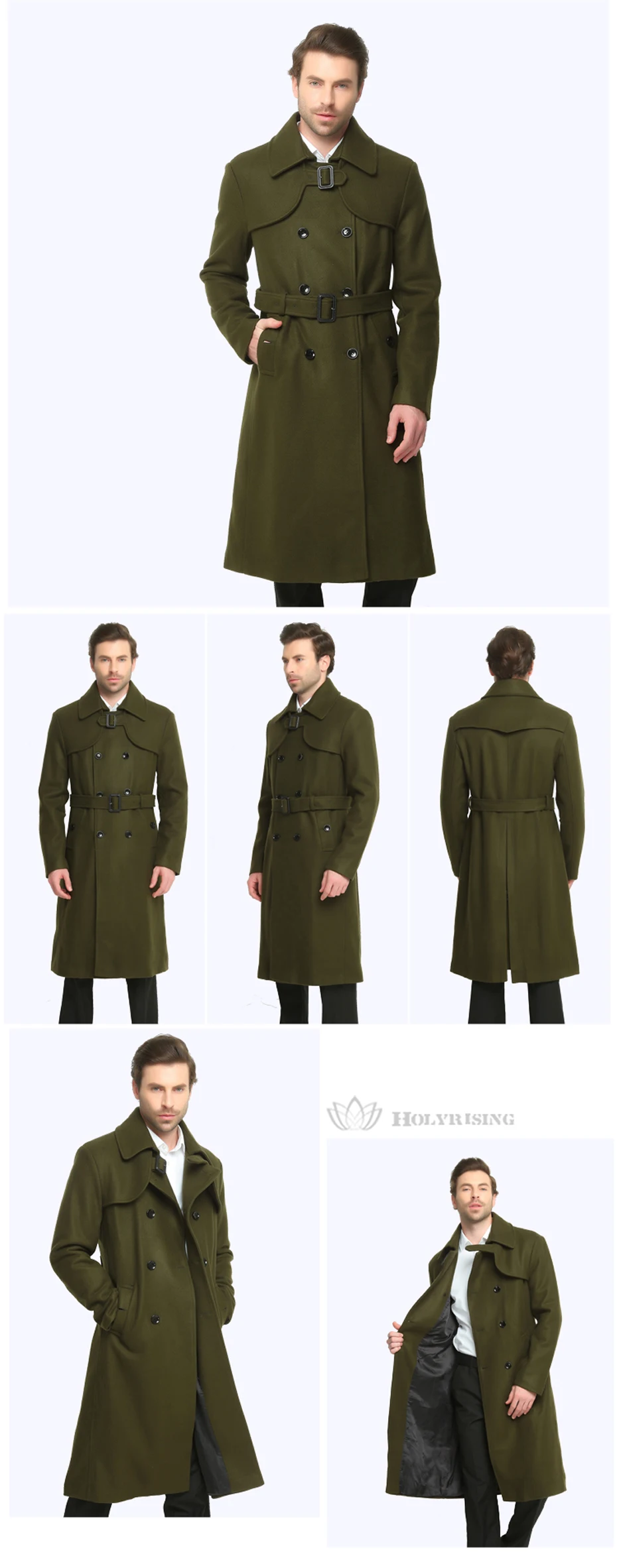 S-6XL, Мода, Осень-зима, классический мужской Тренч, тонкие шерстяные пальто, двойная пуговица, шерстяные пальто, длинная верхняя одежда, армейский зеленый черный