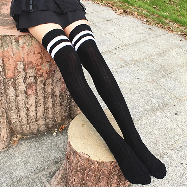 Высокое Качество Модные хлопковые чулки женские полосатые выше колена черные