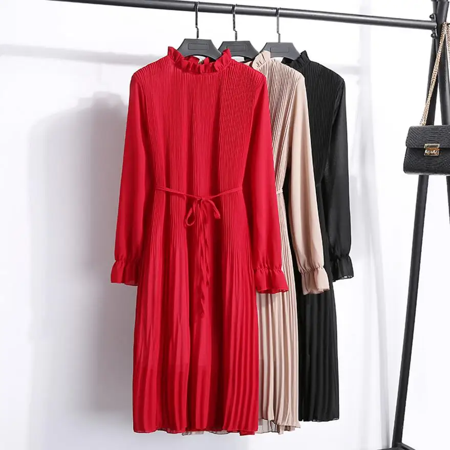 Женское шифоновое платье с принтом повседневное длинным рукавом высокой талией