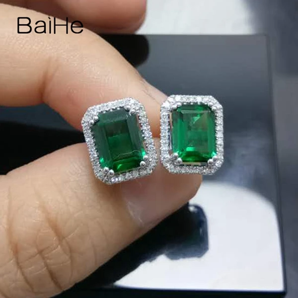 BAIHE стерлингового серебра 925 2.95ct сертифицированные, подлинные лечение Изумрудное обручение Для женщин тонкой украшение-гвоздик серьги