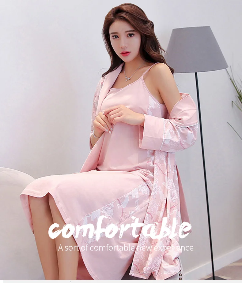 2 Pieces Cotton Sleepshirt Set for Women Bedgown Girls Nightgown Ladies Sleepwear High Quality Cotton Slumber Wear Robe Set