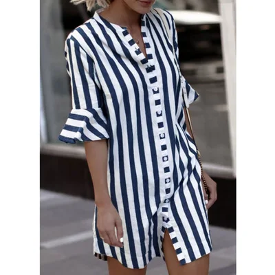 Summer Women Blouses Horn Sleeve Striped Half Tops Long Girl Blouse Ladies Trumpet Sleeves Female Shirt Top | Женская одежда