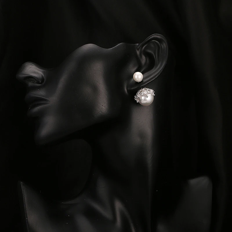 Женские серьги с белым жемчугом свадебные гвоздики инкрустацией кубическим