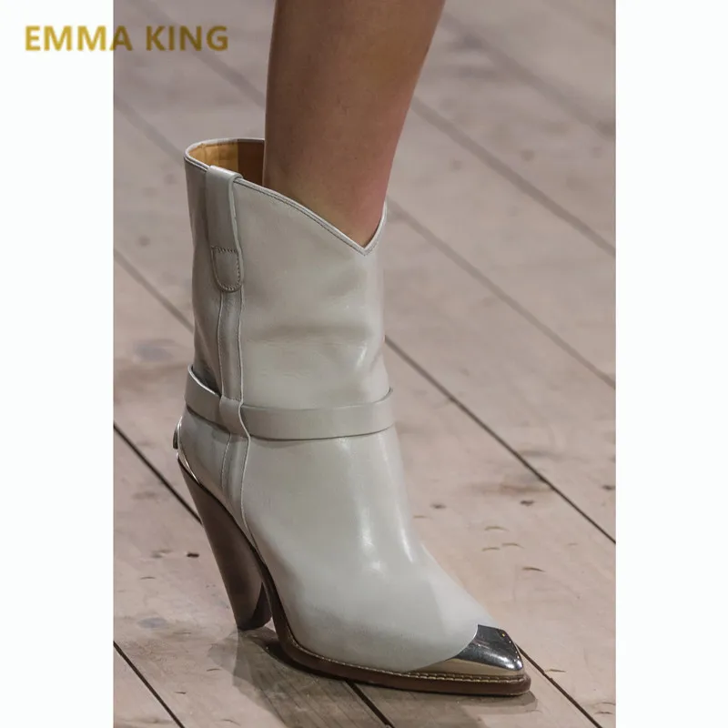 EMMA KING/кожаные сапоги до середины икры с металлическими заклепками и острым