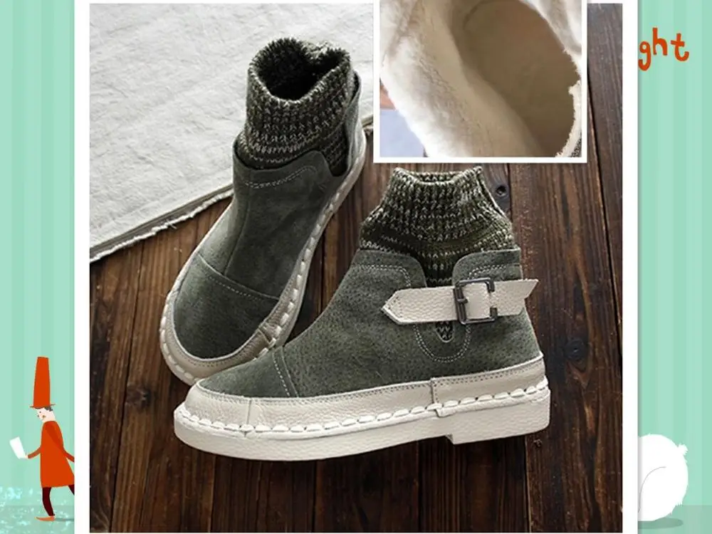 Green With velvet HUIFENGAZURRCS/горячая распродажа; новые удобные кожаные ботинки ручной работы из воловьей кожи; женские ботинки ручной работы с верхним слоем из натуральной кожи - Цвет: Green With velvet