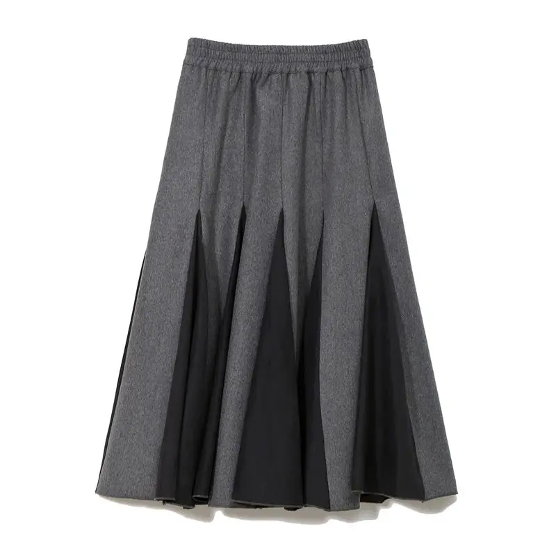 black grey Шерстяная Юбка, весна, новинка, пэчворк, женские юбки, Уайлд высокая талия, длинные, до середины икры, трапециевидная, повседневная, большая, Свинг, для женщин, зима, Jupe MZ3332 - Цвет: black grey