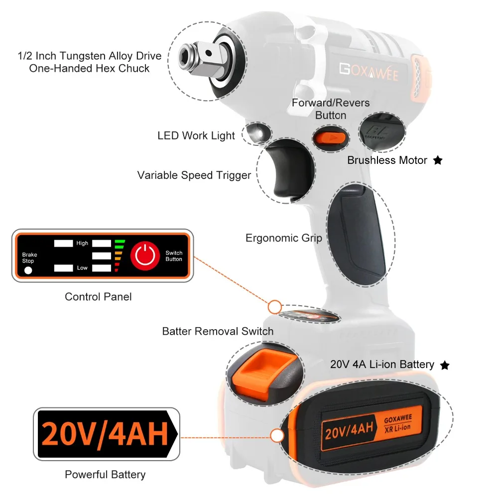 GOXAWEE 40000Amh аккумуляторная электрическая ключ, дюймовый стандарт 21V бесщеточный ударный гайковерт пневматический разъем ключ, дюймовый стандарт зарядки литий-Батарея ручная дрель Мощность инструменты