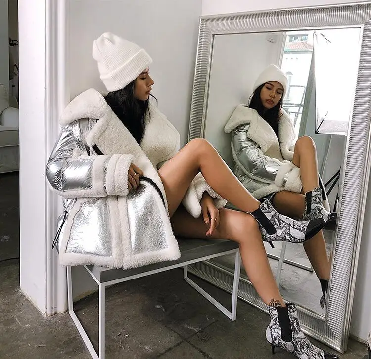 Топ Мода Посеребренная теплая утолщенная Натуральная Овечья шерсть пальто Верхняя одежда винтажные женские свободные пальто размера плюс