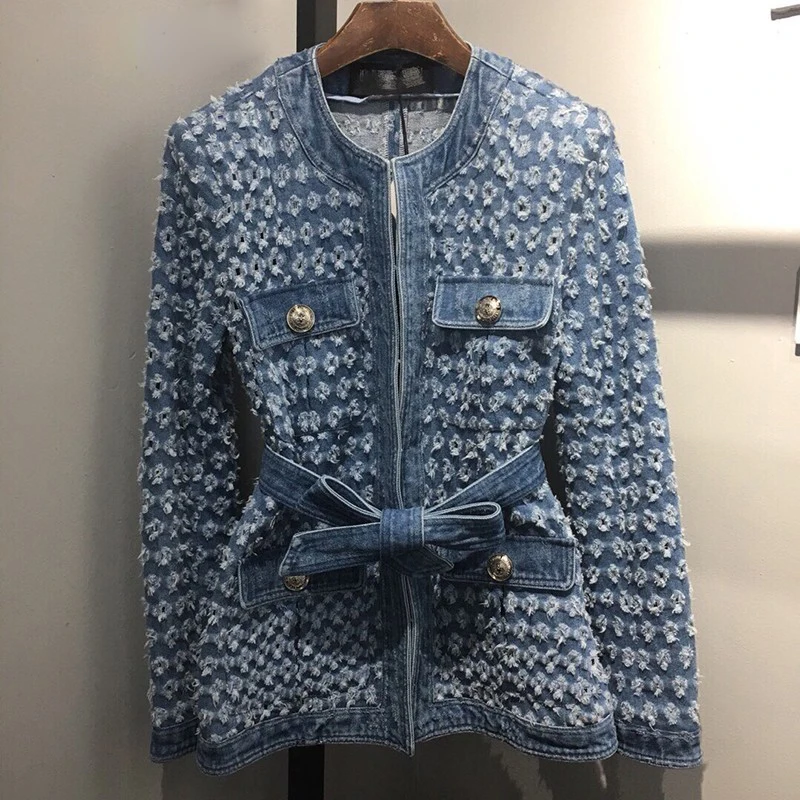 Женская джинсовая куртка [LIVIVIO] синяя винтажная рваная с поясом на талии длинным