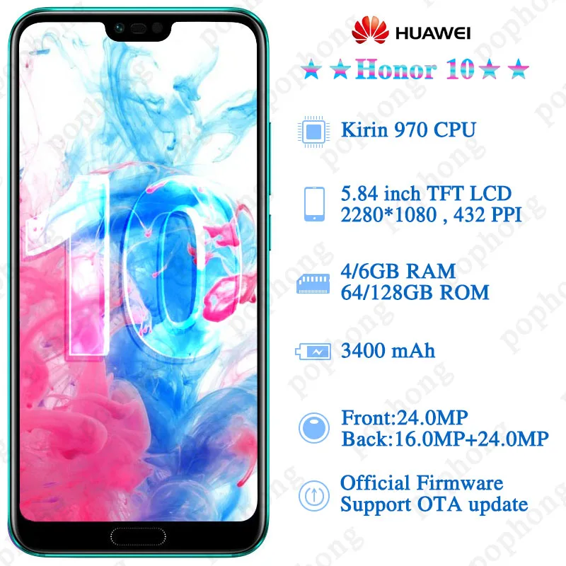 HONOR 10, мобильный телефон, 5,84 дюймов, Android 8,1, Kirin 970, Восьмиядерный, face ID, 2280x1080, Мп+ Мп, NFC