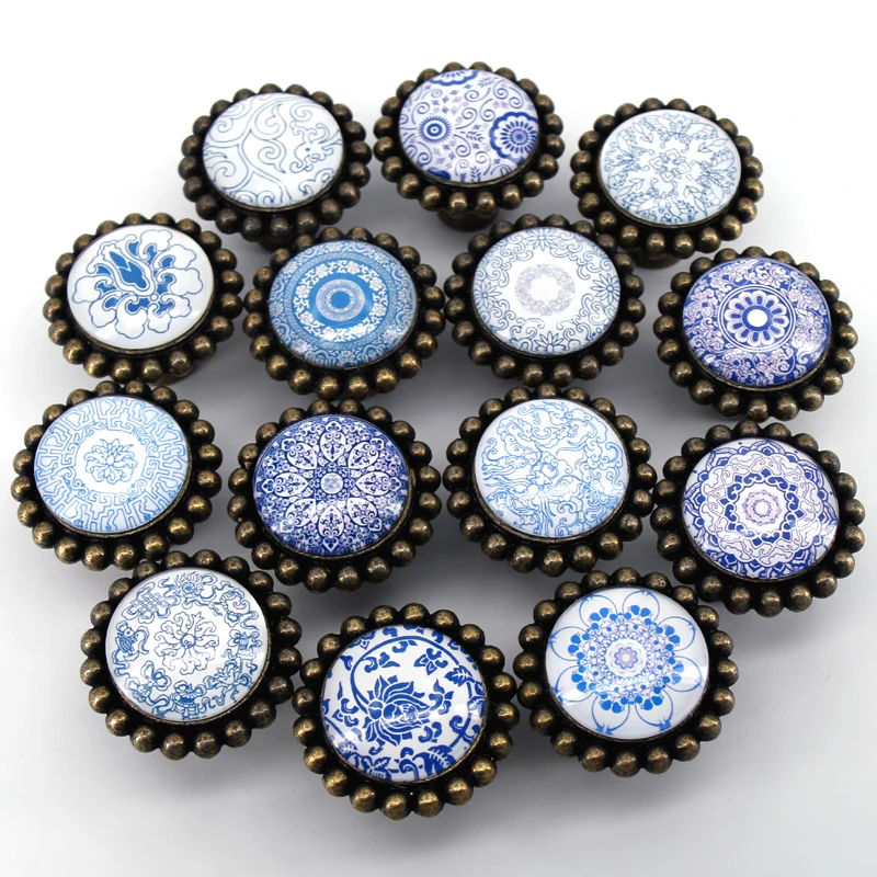 

1PC New Arrival Blue White Flower drawer Knobs cupboard Wardrobe Furniture door handle Pull With screws
