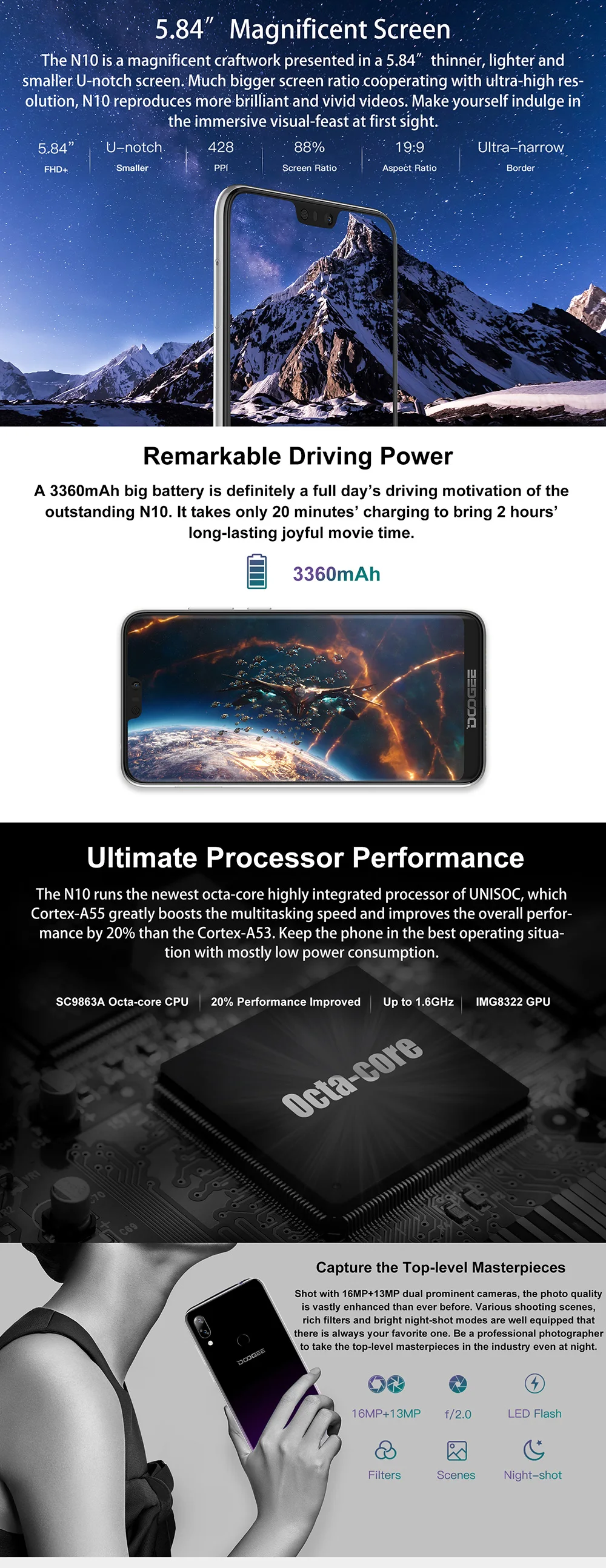 DOOGEE N10, мобильный телефон, Android 8,1, 3 Гб ОЗУ, 32 Гб ПЗУ, четыре ядра, 5,84 дюймов, FHD 19:9 дисплей, 16 МП, разблокировка лица, смартфон, 3360 мАч, 4G LTE