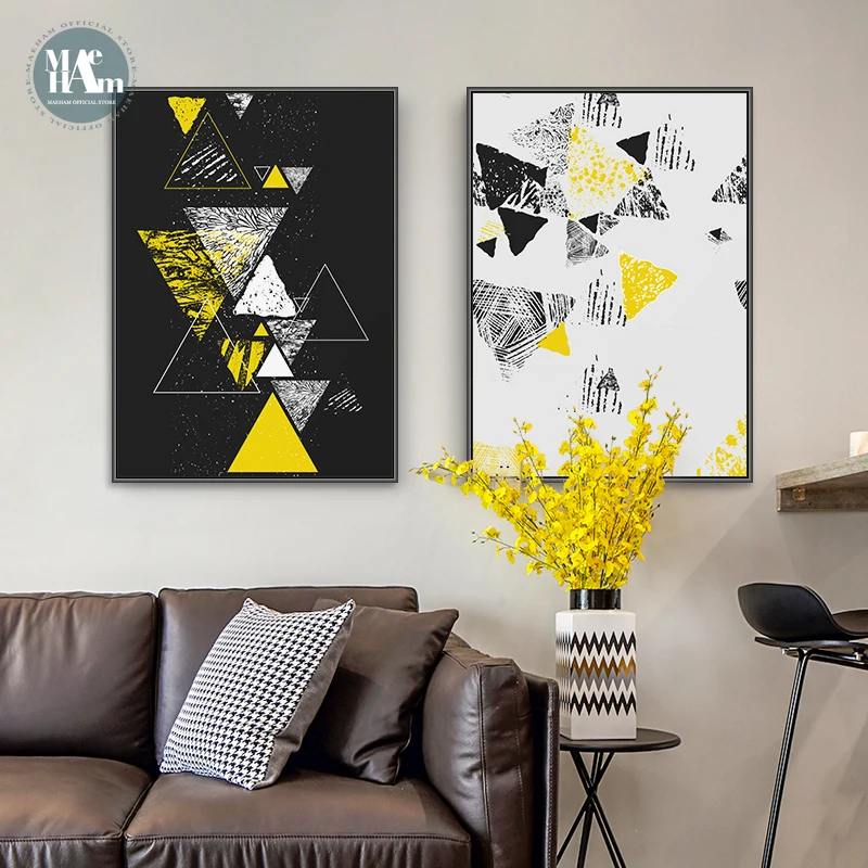 Черно желтая Геометрическая холщовая фотография абстрактная картина